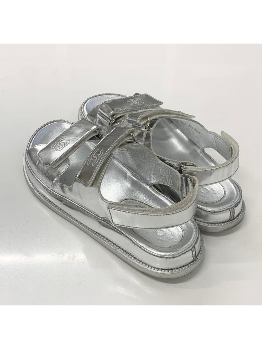 Chanel Leather CC Logo Velcro Sandals Silver - Picture 4 of 10